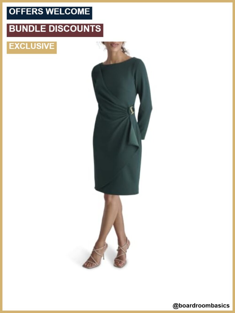 Long Sleeve Jewel Neck Mini D Buckle Scuba Crepe Sheath Dress